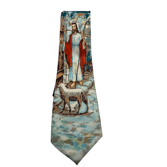 Vintage Brothers Hand Made Polyester Tie With Jesus & Sheep Design 17L - Picture 1 of 4